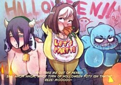 2d 3girls anthro big_breasts blue_skin blush blushing_female breasts busty carrot chainsaw_man costume cow_ears cow_horns cow_print cowbell crossover eastern_and_western_character fake_animal_ears female female_only gagged glory_wall halloween hi_res highres horse_ears huge_breasts light-skinned_female light_skin nicole_watterson reze_(chainsaw_man) special_week_(umamusume) stuck stuck_in_wall sweat tagme the_amazing_world_of_gumball theodyss through_wall toy_chica_(cosplay) umamusume umamusume_pretty_derby