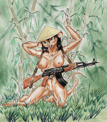 2006 anthro black_hair breasts brown_fur clothing darkwolfie female fur green_eyes gun hair hand_behind_head hat headgear headwear jungle kalashnikov kneeling looking_at_viewer mammal medium_breasts mouse murid murine nude open_mouth open_smile pose pussy ranged_weapon rodent signature smile solo they're_in_the_trees traditional_media_(artwork) weapon