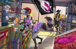 absurd_res anal anal_sex anthro arctic_fox bodily_fluids bottomwear canid canine canis close-up clothed clothing clothing_lift controller convenience_store cosmicfs crossdressing crossdressing_male cum cum_in_clothing cum_on_object cum_through_clothing detailed_background dialogue digital_media_(artwork) ejaculation erection femboy fox garter_straps genital_fluids group hi_res hidden_vibrator internal internal_anal krita_(artwork) looking_pleasured male mammal no_underwear object_in_ass oblivious onomonopia orgasm orgasm_face penetration plug_(sex_toy) procyonid prostate prostate_stimulation raccoon remote_control remote_controlled_vibrator sex_toy sex_toy_in_ass sex_toy_insertion sex_toy_under_clothing shaking skirt skirt_lift text trembling trembling_for_pleasure trio true_fox uniform unwanted_orgasm vibrator vibrator_in_ass wet wet_clothing wolf