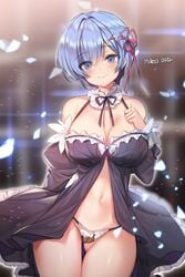 1girls ass_visible_through_thighs babydoll bangs blue_eyes blue_hair breasts cowboy_shot detached_collar eyebrows_visible_through_hair female female_only hair_ornament large_breasts lingerie maett nightie panties re:zero_kara_hajimeru_isekai_seikatsu rem_(re:zero) smile solo solo_female thigh_gap