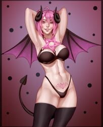 1girls abs ahoge armpits arms_behind_head arms_up bat_tail bat_wings belly belly_button black_bra black_horns black_panties black_thighhighs black_underwear bnvt bra breasts bruneian bruneian_vtuber emrys.zx_(bnvt) female female_only horns indie_virtual_youtuber indie_vtuber jakkel_draws medium_breasts medium_hair muscular muscular_thighs navel panties pentagram_harness pentagram_lingerie pink_eyes pink_hair pubic_tattoo revealing_clothes smiling smiling_at_viewer standing stockings succubus succubus_costume succubus_outfit succubus_tail succubus_tattoo succubus_wings thighhighs thighs toned_abs toned_body toned_female toned_thighs twin_buns underwear virtual_youtuber vtuber