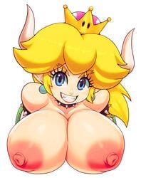 1girls alternate_breast_size big_breasts big_nipples blonde_hair blue_eyes bowsette bust bust_style female female_only genderswap_(mtf) mario_(series) matospectoru new_super_mario_bros._u_deluxe nintendo puffy_nipples rule_63 smiling solo spiked_armlet spiked_collar super_crown topless white_background