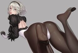 alternate_version_available ass blue_eyes feet feet_up hairband looking_at_viewer looking_back nier nier:_automata pantyhose weni white_hair yorha_2b