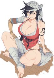 amputee big_breasts bleach brown_eyes brown_hair cleavage female female_only huge_breasts kukaku_shiba kuma_(artist) long_hair prosthetic sitting smile smiling tattoo