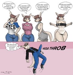 1boy 1girls beige_skin being_fur big_breasts boner boner_in_pants boner_under_clothes breasts brown_eyes brown_hair colored comically_large_penis dialogue erection erection_under_clothes erection_under_clothing female jacket jeans jill_(alfa995) joey_(alfa995) kangaroo male marsupial mega_milk_(meme) milf mother mother_and_son mrkoot older_female one_piece_swimsuit penis pouch_(anatomy) simple_background son swimsuit tail virgin_killer_sweater wide_hips wide_thighs