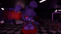 3d 3d_(artwork) animatronic anthro big_breasts big_ears bonfie_(cryptiacurves) breasts clothed clothing female five_nights_at_freddy's gesture hair hand_gesture handwear hi_res lagomorph looking_at_viewer machine mammal nederi pink_eyes purple_body purple_hair robot scottgames smile smiling_at_viewer solo standing v_sign
