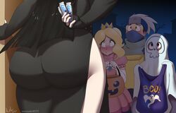 2boys 2girls ara_ara bedsheet bedsheet_ghost big_ass black_hair blonde_hair blush candies candy clothed cosplay costume crossover embarrassed female gothmom halloween hatake_kakashi hatake_kakashi_(cosplay) huge_ass male marauder6272 mario_(series) mature mature_female milf naruto nintendo princess_peach princess_peach_(cosplay) suggestive thick thick_ass thick_thighs trick_or_treat white_hair wide_hips younger_female younger_male