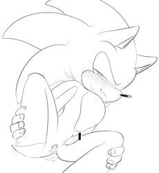 after_sex anthro black_and_white blush bodily_fluids censor_bar cum cum_in_ass cum_inside eulipotyphlan furry genital_fluids hedgehog male male_only mammal monochrome penis sikai smile solo sonic_(series) sonic_the_hedgehog spread_legs spreading sweat tapering_penis