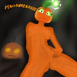 (pvz) 2025 anthro dark_background female glow glowing_eyes green_eyes halloween halloween2025 jack jack-o'-lantern lantern naked nude o' orange_skin plant plant_girl plants_vs._zombies plants_vs_zombies pose pumpkin pussy pvz