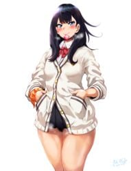 bangs black_hair black_skirt blue_eyes blush bottomless bottomless_skirt bow bowtie breasts buttons closed_mouth collared_shirt condom condom_in_mouth female hands_in_pockets hero_neisan high_resolution large_filesize long_hair long_sleeves looking_at_viewer medium_breasts miniskirt mouth_hold no_panties nopan orange_scrunchie pleated_skirt pubic_hair pubic_hair_peek red_neckwear school_uniform scrunchie shirt simple_background skirt smile solo ssss.gridman straight_hair sweater takarada_rikka thighs very_high_resolution white_background white_shirt white_sweater wrist_scrunchie