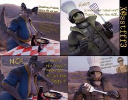 3d anthro blender bodysuit chef_hat clothed deathclaw fallout fallout_new_vegas female female_deathclaw human male meme microsoft mommyclaw_(vulgarvictor) nuka-cola omelet scalie sstfff3 talking_to_another thousand_yard_stare