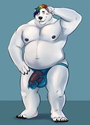 anthro areola balls_outline belly biped black_areola black_nipples black_nose black_pawpads blue_background blue_bottomwear blue_clothing blue_eyes blush bodily_fluids bottomwear clothed clothing gatorbeast hair hi_res male male_only mammal multicolored_hair navel nipples pawpads penis polar_bear rainbow_hair simple_background smile solo topless torn_bottomwear torn_clothing ursid ursine