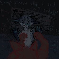 2020 anthro anthro_on_anthro begging_for_mercy blue_body blue_fur blue_nose bodily_fluids brown_body brown_fur canid canine canis coyote crying dark_theme demensa digital_media_(artwork) domestic_dog duo emil_(demensa) english_text explicitly_stated_nonconsent forced fur hybrid male male/male mammal pixel_(artwork) rape sex tears text x_eyes