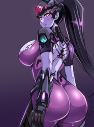 1girls alternate_breast_size ass backboob bodysuit breasts female female_only huge_ass huge_breasts human human_only long_hair looking_at_viewer looking_back nishida_megane overwatch ponytail purple_hair purple_skin shiny_clothes solo solo_female thighs widowmaker yellow_eyes