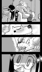 adelgund anthro avian beak bird blush bodily_fluids canid canine canis clothed clothing comic cunnilingus daigaijin domestic_dog english_text female fur furryfight_chronicles genital_fluids german_shepherd hair herding_dog hi_res mammal oral pants_down partially_clothed pastoral_dog peki_polight pussy_juice sex text vaginal_penetration