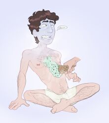 1boy blue_face bradley_(mr_shrink) chattering_teeth cold cold_sweat digital_media_(artwork) disembodied_hand english_text erect_nipples eyes_crossed food food_on_body freezing green_eyes half_naked hard_nipples icecream male male_focus male_only mint_chocolate_chip mr_shrink no_sex no_visible_genitalia original original_character solo solo_focus solo_male turning_blue underwear underwear_only unhappy unhappy_male waffle_cone