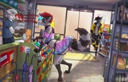 absurd_res anal anal_sex anthro arctic_fox bodily_fluids bottomwear canid canine canis clothed clothing clothing_lift controller convenience_store cosmicfs crossdressing crossdressing_male cum cum_in_clothing cum_on_object cum_through_clothing detailed_background dialogue digital_media_(artwork) ejaculation erection femboy fox garter_straps genital_fluids group hi_res hidden_vibrator krita_(artwork) looking_pleasured male mammal no_underwear object_in_ass oblivious onomonopia orgasm orgasm_face penetration plug_(sex_toy) procyonid raccoon remote_control remote_controlled_vibrator sex_toy sex_toy_in_ass sex_toy_insertion sex_toy_under_clothing shaking skirt skirt_lift text trembling trembling_for_pleasure trio true_fox uniform unwanted_orgasm vibrator vibrator_in_ass wet wet_clothing wolf