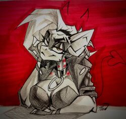 1girls accessory anthro artist_name artist_signature big_breasts breasts choker devil_horns devil_tail earring equine_ears female fingerless_gloves frown frowning_at_viewer gloves half-closed_eyes jacket leaning_on_table leather_clothing leather_gloves leather_jacket looking_at_viewer mare my_little_pony neck_bite pony red_background sharp_eyebrows sharp_eyelashes shaved_eyebrow shaved_side sketch sly_smile smile smiling_at_viewer solo tlen_borowski tlen_borowski_(oc) traditional_media_(artwork)