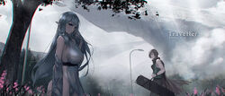 1boy ass bangs bare_shoulders blue_eyes bottomless bracelet breasts brown_cloak brown_hair cloak fairy female flower fog forest highres lamppost large_breasts light light_rays long_hair looking_back nature no_panties orange_eyes original outdoors pandea_work pink_flower pointy_ears pubic_hair rock silhouette standing tree white_hair