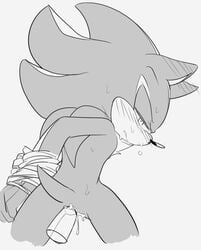 ambiguous_fluids anal anal_sex anthro blush bodily_fluids bound bound_wrists dildo eulipotyphlan greyscale hands_behind_back hedgehog male male_only mammal monochrome penetration sex_toy shadow_the_hedgehog sikai simple_background solo sonic_(series) sweat white_background wrists_tied