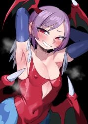1girls armpit_fetish armpits arms_behind_head arms_up before_paizuri before_sex blue_pantyhose blush breasts capcom darkstalkers demon_girl demon_wings elbow_gloves female female_focus female_only flat gloves grin head_wings lavender_hair leotard lightsource lilith_aensland nipple_bulge nipples_visible_through_clothing pantyhose pink_hair purple_hair red_eyes red_leotard short_hair shy shy_expression shy_smile small_breasts smile solo succubus succubus_wings wings wings_on_head