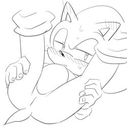 1:1 animal_genitalia anthro black_and_white blush bodily_fluids eulipotyphlan furry genital_slit hedgehog legs_up looking_aside male male_only mammal monochrome sikai slit solo sonic_(series) sonic_the_hedgehog spread_legs spreading sweat