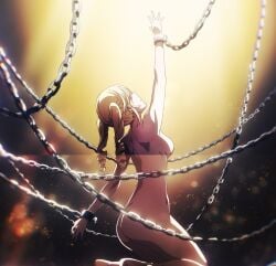 angelina_kudou_shields anime blonde_hair chains cuff_(restraint) female hand_above_head kneeling mahouka_koukou_no_rettousei naked_female screenshot twin_drills