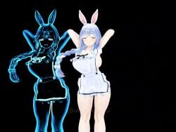 3d_animation animated apron arms_behind_head artist_name black_background blue_hair braid braided_ponytail breasts closed_eyes closed_mouth cowboy_shot dancing female hololive large_breasts luke_the_tako me!me!me!_dance music pekomama rabbit_ears sideboob sound tagme thick_thighs thighs twitter_username video virtual_youtuber watermark