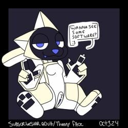 1:1 animated anthro blue_eyes breasts clitoris dialogue domestic_cat felid feline felis female genitals kerfus looking_at_viewer machine mammal pussy robot sitting small_breasts solo text theenyface vulva