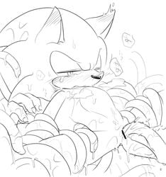 ambiguous_fluids anal anal_sex anthro black_and_white blush bodily_fluids censor_bar eulipotyphlan hedgehog japanese_text male male_only mammal monochrome one_eye_closed penetration sikai solo sonic_(series) sonic_the_hedgehog sweat tears tentacle tentacle_sex text