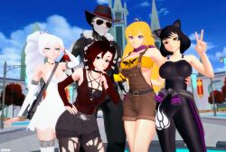 1boy 3d 4girls arrancon beacon black_hair black_hair_female blake_belladonna blonde_female blonde_hair blue_eyes cleavage clothed_female cowboy_hat drip female male monster monster_boy pose posing purple_eyes red_highlights robotic_arm ruby_rose rwby silver_eyes skorn_(arrancon_grimmed) sunglasses team_rwby two_fingers_up weiss_schnee white_hair white_hair_female yang_xiao_long yellow_eyes