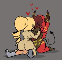 1boy 2girls ass blonde_hair breasts butt_freckles colored desert_princess_(towergirls) facesitting freckles guayo horns human_princess_(towergirls) interspecies jewelry kissing nude red_hair sex succubus threesome towergirls