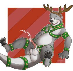 2024 4_fingers 4_toes anthro antler_headband bell belly black_nose black_pawpads bodily_fluids border christmas collar cum cumshot digital_drawing_(artwork) digital_media_(artwork) ejaculation english_description feet fingers fur genital_fluids genitals grey_body grey_fur hand_on_penis harness hi_res holidays looking_at_genitalia looking_at_penis looking_at_self looking_down looking_pleasured male mammal masturbation multicolored_body multicolored_fur mustelid navel one_eye_closed otter overweight overweight_anthro overweight_male pattern_background pawpads penis red_background simple_background solo striped_background toes two_tone_body two_tone_fur verdantotter vern_(verdantotter) white_body white_border white_fur