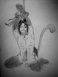 1boy abs armpits arms_above_head artist_request balls bondage cat_bell cat_collar cat_ears collar cum cumdrip cumshot dripping_cum elbow_glove erection gag gloves kneeling legwear long_gloves male male_only monochrome muscles muscular muscular_male naruto naruto_(series) naruto_shippuden nipples on_knees one_eye_closed pecs penis sketch solo solo_focus solo_male stockings tail tape tape_gag taped_mouth testicles thick_thighs thighhighs thighs tied_up uchiha_itachi