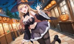 1girls ai_generated bare_pussy blonde_hair breasts casual_exposure cosplay costume encoder female festival helloween jack-o'-lantern kitagawa_marin looking_at_viewer nipples nipples_visible_through_clothing no_panties outdoors public public_exposure pussy pussy_visible_through_clothes see-through see-through_clothing smile smiling solo_female solo_focus sono_bisque_doll_wa_koi_wo_suru standing transparent_clothing vagina waving witch witch_costume witch_hat