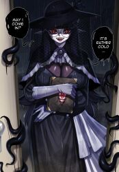 absurdres black_hair black_hat black_lips book breasts cleavage colored_speech_bubble doorway english_text fangs female frills gloves goth_fashion hair_ornament hat highres holding holding_book huge_breasts long_eyelashes long_hair long_sleeves looking_at_object looking_at_viewer mole mole_under_mouth multiple_views night open_mouth original rageman709 rain red_eyes slit_pupils speech_bubble tentacle tongue white_gloves