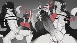 abs animal_genitalia anthro arms_tied athletic athletic_anthro athletic_male balls black_body black_fur black_hair black_highlights blindfold bodily_fluids bound breasts canid canine canis choker clenched_teeth curved_horn demon domestic_cat domestic_dog dripping duo ear_piercing erection felid feline felis female flaccid frenum_piercing fur furgonomics furry-specific_piercing gauged_ear genital_fluids genital_piercing genitals grey_background hair half-closed_eyes hi_res highlights_(coloring) horn husky hybrid_genitalia hybrid_penis jewelry knot looking_pleasured lvlirror male male/female mammal multicolored_body multicolored_fur muscle_tone muscles narrowed_eyes necklace nordic_sled_dog nowi_(oolongmatchatea) nude object_in_urethra pecs penetration penis penis_piercing piercing precum precum_drip precum_string red_body red_fur sheath sheath_piercing shi_(oolongmatchatea) simple_background smile smirk smug smug_face sounding_beads spitz tail tail_tuft teeth tuft two_tone_body two_tone_fur urethral urethral_penetration white_body white_fur white_hair