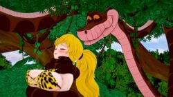 1girls 3d animal_print ass bikini blonde_hair breasts choking cleavage coiling failed_resistance fat_tits female happy_trance huge_ass huge_breasts hypnosis imminent_vore jungle kaa kaa_eyes koikatsu leaning_forward leopard_print leopard_print_bikini lipstick long_hair midriff mind_control mindless mrkoiru outdoors ponytail red_lipstick rwby smile snake swimsuit the_jungle_book tree wide_hips yang_xiao_long