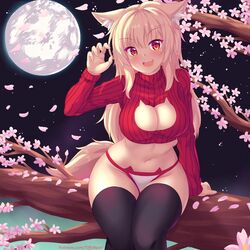 1:1 1girls animal_ear_fluff animal_ears animal_print arm_support bangs bare_midriff beige_hair blonde_hair blush breasts cat_cutout cat_ear_panties cat_ears cat_eyes cat_keyhole_bra cat_lingerie cat_tail cherry_blossoms claw_pose clawing cleavage cleavage_cutout crop_top ear_fluff eyebrows_visible_through_hair female female_only flowers full_moon gesture large_breasts long_hair looking_at_viewer midriff moon navel night oerba_yun_fang open_mouth original panties patreon_username petals platinum_blonde_hair red_eyes red_sweater ribbed_sweater sitting slit_eyes slit_pupils solo stars sweater tail thigh_highs thighhighs thighs tiffy tiffynyaa tree underwear wide_hips