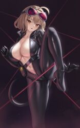 1girls anis_(nikke) bangs big_breasts black_bodysuit blonde_hair blush bodysuit breasts cat_burglar fake_tail female goddess_of_victory:_nikke goggles_on_head gold_eyes large_breasts laser_tripwipe leather medium_hair open_smile open_zipper solo subob_(subobdesu) sweatdrop unzipped_bodysuit