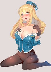 1girls 2018 atago_(kantai_collection) blonde_hair blush breasts cleavage clothing cyan_eyes eyebrows eyebrows_visible_through_hair eyelashes female gloves hair hand_on_breast hat kantai_collection kneeling long_hair looking_at_viewer open_mouth shampoodoll shiny_skin solo solo_female sweat