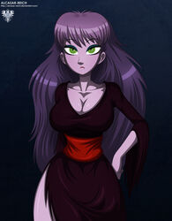 1girls alcasar-reich breasts cleavage green_eyes hand_on_hip hanna-barbera large_breasts long_hair oerba_yun_fang purple_hair purple_skin scooby-doo scooby-doo_and_the_ghoul_school sibella_dracula wide_hips