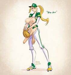 1futa 2d areolae artbymatches baseball_cap baseball_uniform big_breasts blonde_futa blonde_hair breasts futa_only futanari green_baseball_cap hat human human_only intersex light-skinned_futa light_skin long_penis penis ponytail