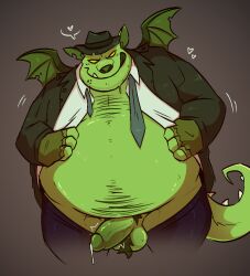 2025 anthro balls belly belly_hair big_belly blush blush_lines bodily_fluids body_hair bottomwear bottomwear_down chest_hair clothed clothing clothing_pull denim denim_bottomwear denim_clothing dominant dragon_wings dripping fedora fingerless_gloves genital_fluids genitals glistening glistening_body glistening_genitalia glistening_penis gloves gradient_background green_body handwear hat headgear headwear heart_symbol humanoid_genitalia humanoid_penis jeans looking_at_viewer male malkus_vile neopet_(species) neopets overweight overweight_male pants pants_down partially_clothed penis precum precum_drip pubes refuckerator shirt simple_background skeith snaggle_tooth solo spiked_tail spikes spikes_(anatomy) stubble suit_jacket sweat sweaty_body tail tongue tongue_out topwear underbite undershirt untied_necktie wings yellow_eyes