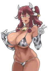 alternate_costume animal_ears animal_print areola_slip bell bikini bikini_top_pull breasts brown_hair cleavage collar commentary cow_ears cow_horns cow_print cow_print_bikini cow_print_gloves cowbell dark-skinned_female dark_skin elbow_gloves english_commentary fake_animal_ears female flower girls'_frontline gloves hair_flower hair_ornament highres horns large_breasts long_hair navel open_mouth print_bikini print_gloves saiga-12_(girls'_frontline) side_ponytail sidelocks simple_background solo stomach string_bikini swimsuit teeth upper_teeth_only v wessidesuyo white_background yellow_eyes