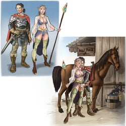 1boy 1girls areolae armor bear black_hair boots breasts breasts_out cleavage clitoris elf elf_female fantasy female fingering glans grey_hair handjob horse human human_on_elf human_on_humanoid humanoid interspecies jewelry labia lance light-skinned_female light-skinned_male light_skin long_hair male male_human/female_elf masturbation medieval medium_breasts navel nipples original_character penis_grab pointy_ears pussy rigsusuallyhiddendrawings see-through short_hair skimpy_clothes standing standing_sex straight sword tagme thick_penis thick_thighs thighhighs vagina wide_hips