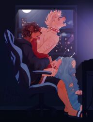 anal anal_sex angel_(mrbarx) anthro backlighting black_coded blonde_hair brown_fur brown_hair canine chair closed_eyes clothed clothed_sex collar cum_shot dark_background dobermann dreadlocks ejaculation ejaculation_while_penetrated expressionless eyes_rolling_back floppy_ears furry gaming_chair half-closed_eyes holding_penis hoodie hug_from_behind implied_anal implied_penetration implied_sex knee_up labrador licking male male_only max_(mrbarx) mohawk moon moonlight mrbarx original_character original_characters panting penis piercings rolling_eyes scars self_harm_scars sitting_on_lap skinny spiked_collar sweat teenager torogao waist_grab