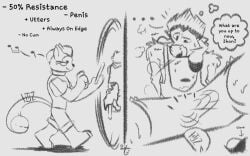 alternate_universe anthro arm_tuft bodily_fluids bottomwear bovid bovine breath bulge canid canine caprine cattle clothing comic digital_glove(s) duo ellipsis felid feline genitals genitals_shrinking goat hands_behind_back hi_res humming jhon_(jhon's_story) long_ears long_tail looking_at_genitalia looking_at_object looking_at_penis male mammal note notes page_number panting penis penis_shrinking piano_stool portal protective_suit quiff_(hairstyle) raised_leg shirt short_tail shorts shoulder_tuft sitting solo speech_bubble sweat sweater switcher-roo tail tank_top thomas_(thomas's_story) topwear transformation transformation_through_technology tuft valken_holmes walking watermark zandriel_(storytale)