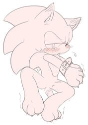 after_sex anthro belt blush bodily_fluids bound_wrists claws cum cum_on_leg eulipotyphlan furry genital_fluids hedgehog male male_only mammal paws pink_theme shaking sikai simple_background solo sonic_(series) sonic_the_hedgehog spread_legs spreading sweat sweatdrop tears white_background