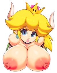 1girls alternate_breast_size big_breasts big_nipples blonde_hair blue_eyes bowsette bust bust_style female female_only genderswap lips mario_(series) matospectoru new_super_mario_bros._u_deluxe nintendo puffy_nipples solo spiked_armlet spiked_collar super_crown topless white_background